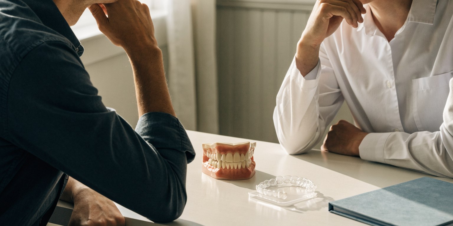 A dentist and patient discuss treatment options beside a dental model and clear aligner