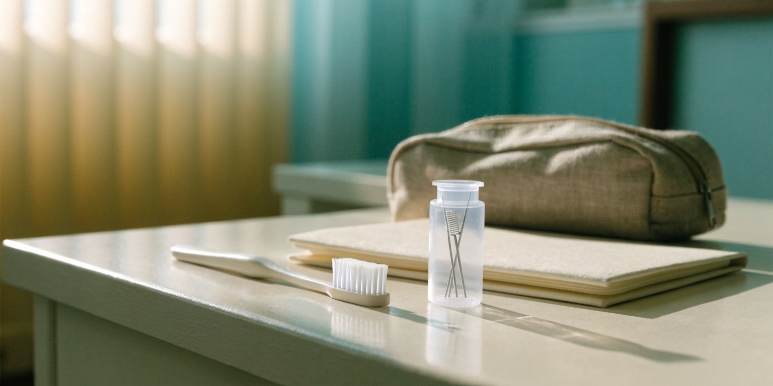 Oral care items and a dental records folder prepared for follow-up after travel