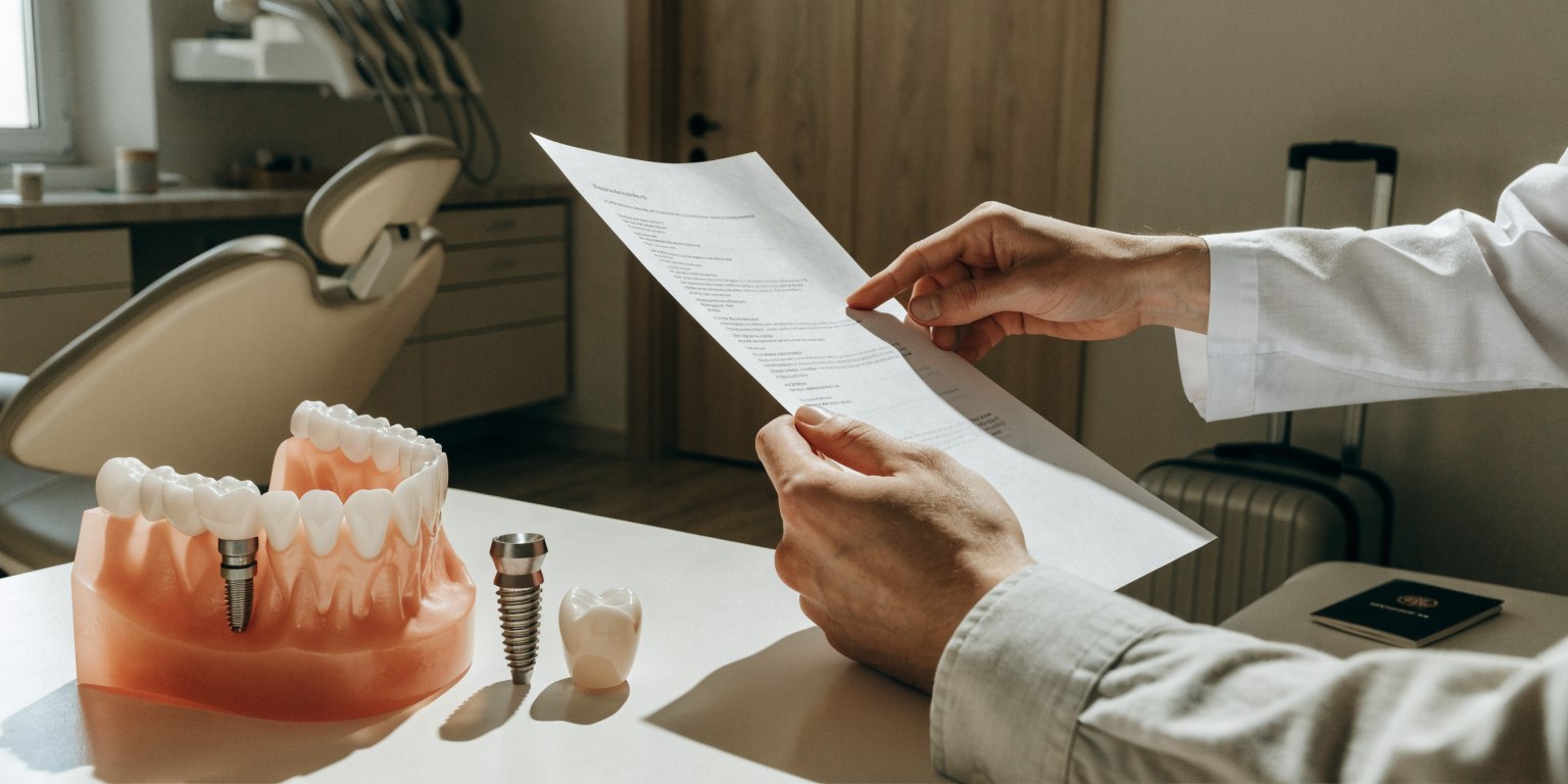 A patient reviews dental implant components and a treatment estimate with a dentist