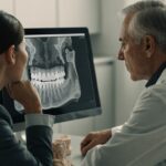 Dentist reviewing a 3D jaw scan with a patient while discussing dental implant options for bone loss