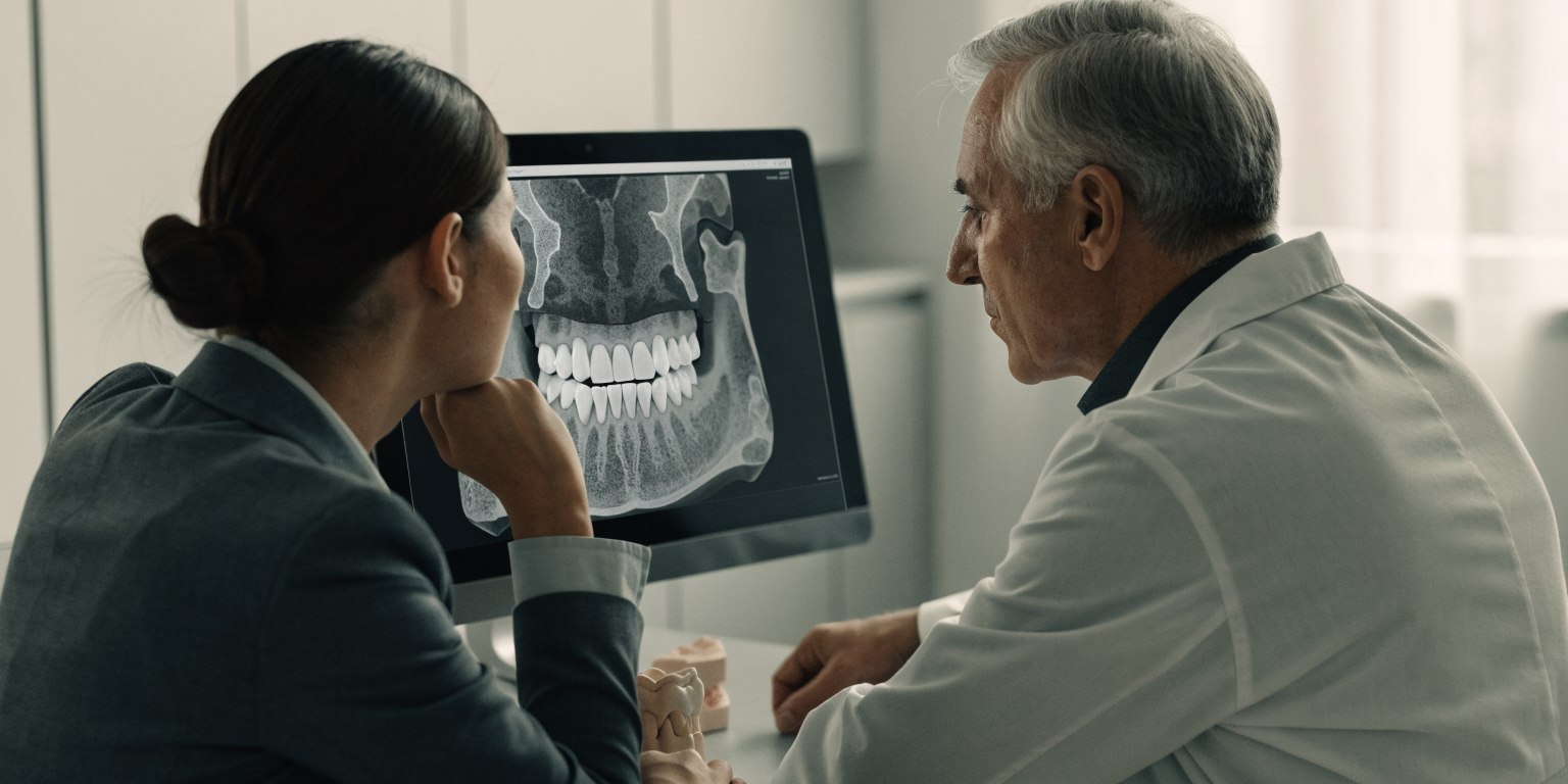 Dentist reviewing a 3D jaw scan with a patient while discussing dental implant options for bone loss