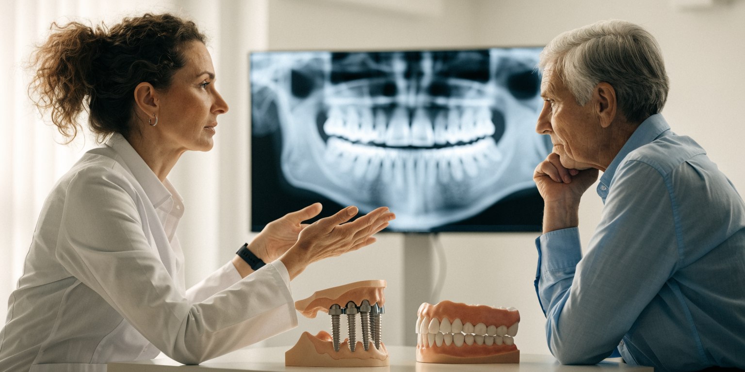 Implant dentist explaining a full-arch implant plan to a patient using jaw models
