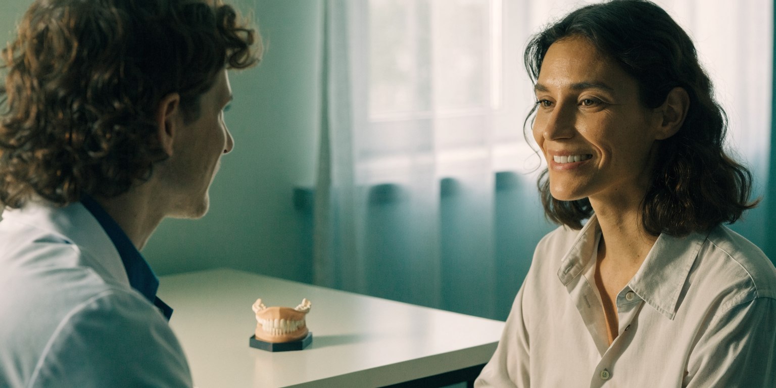 Patient and dentist discussing ongoing care beside a dental model