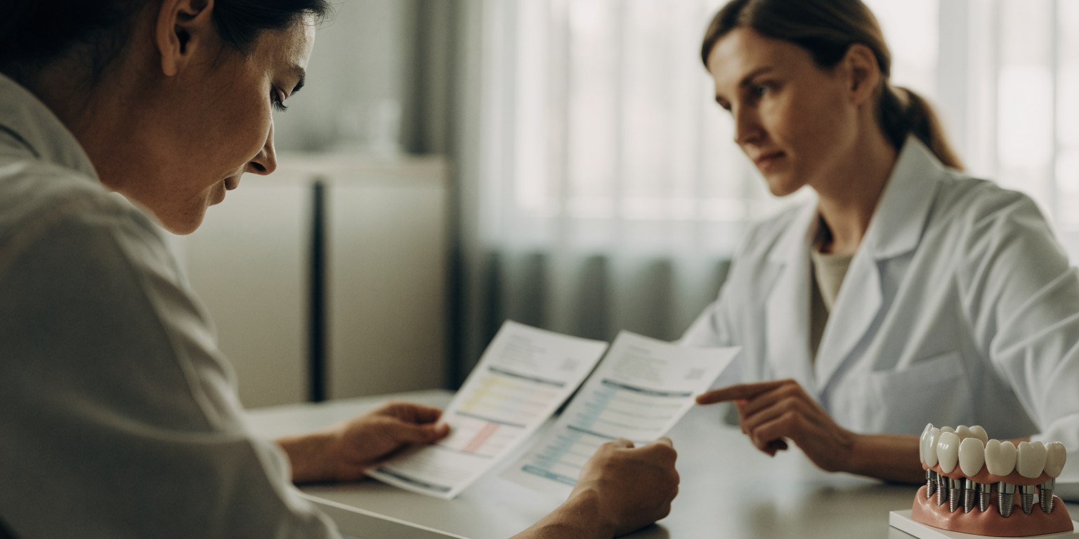 Patient comparing itemised dental implant treatment quotations with a dentist