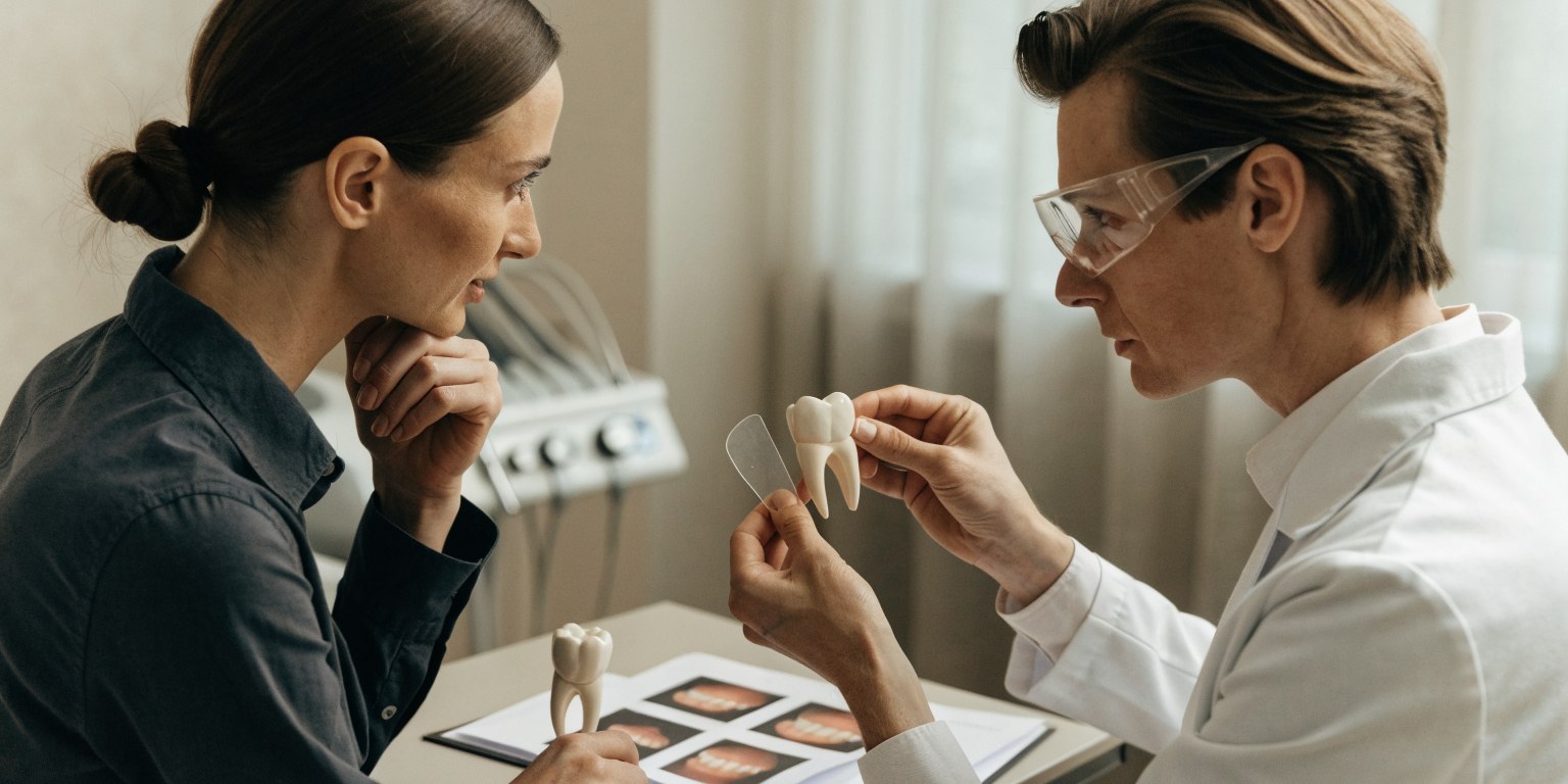Dentist explaining irreversible tooth preparation versus restoration lifespan