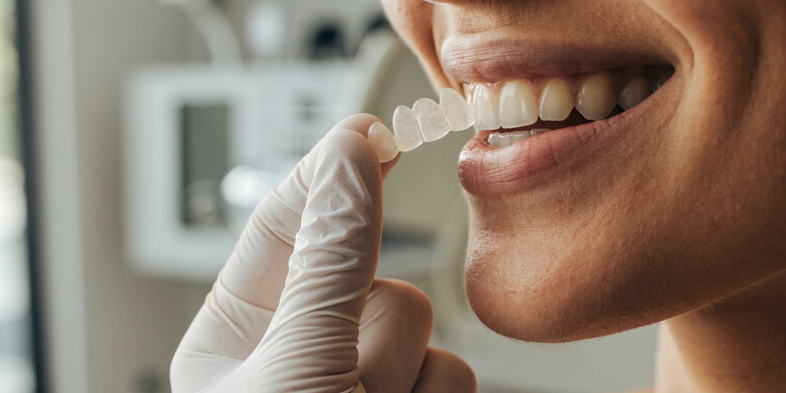 Natural smile and thin translucent ceramic veneer sample showing realistic shade and light transmission