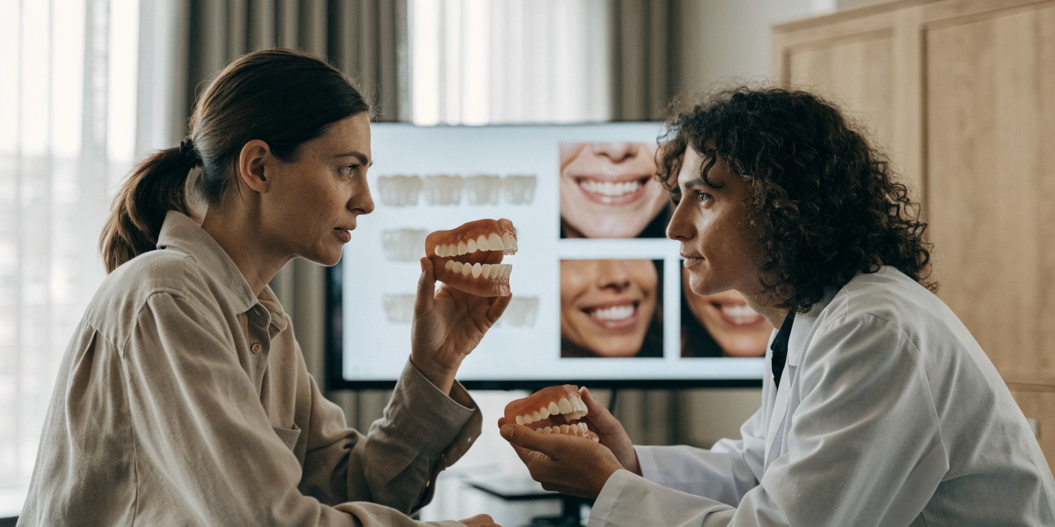 Dentist and international patient reviewing veneer shade, shape and smile design during consultation in Istanbul