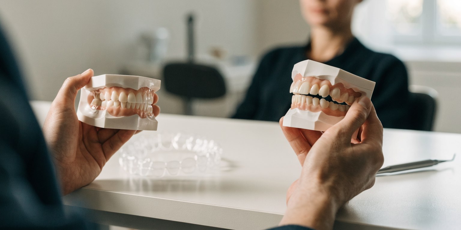 Dentist comparing orthodontic alignment and conservative veneer planning on dental models