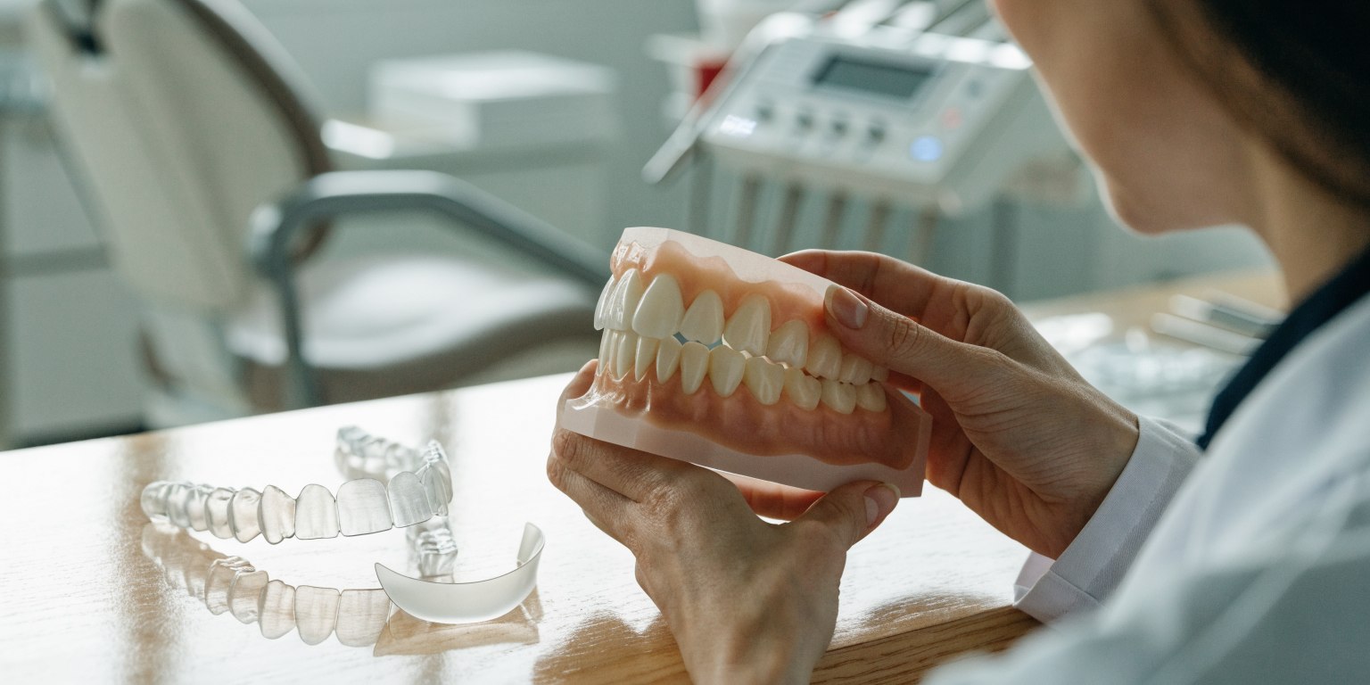 Dentist assessing a protruding front tooth with clear aligner and veneer options nearby
