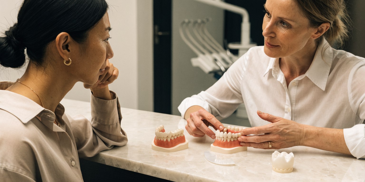 Patient reviewing why each tooth is included in a broad Hollywood Smile treatment plan