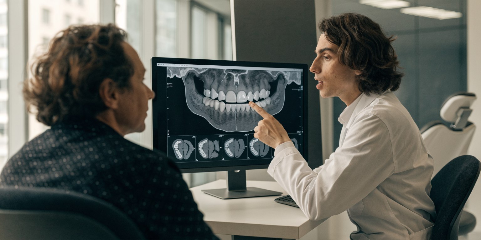 Dentist planning a single dental implant with a CBCT scan in a modern clinic