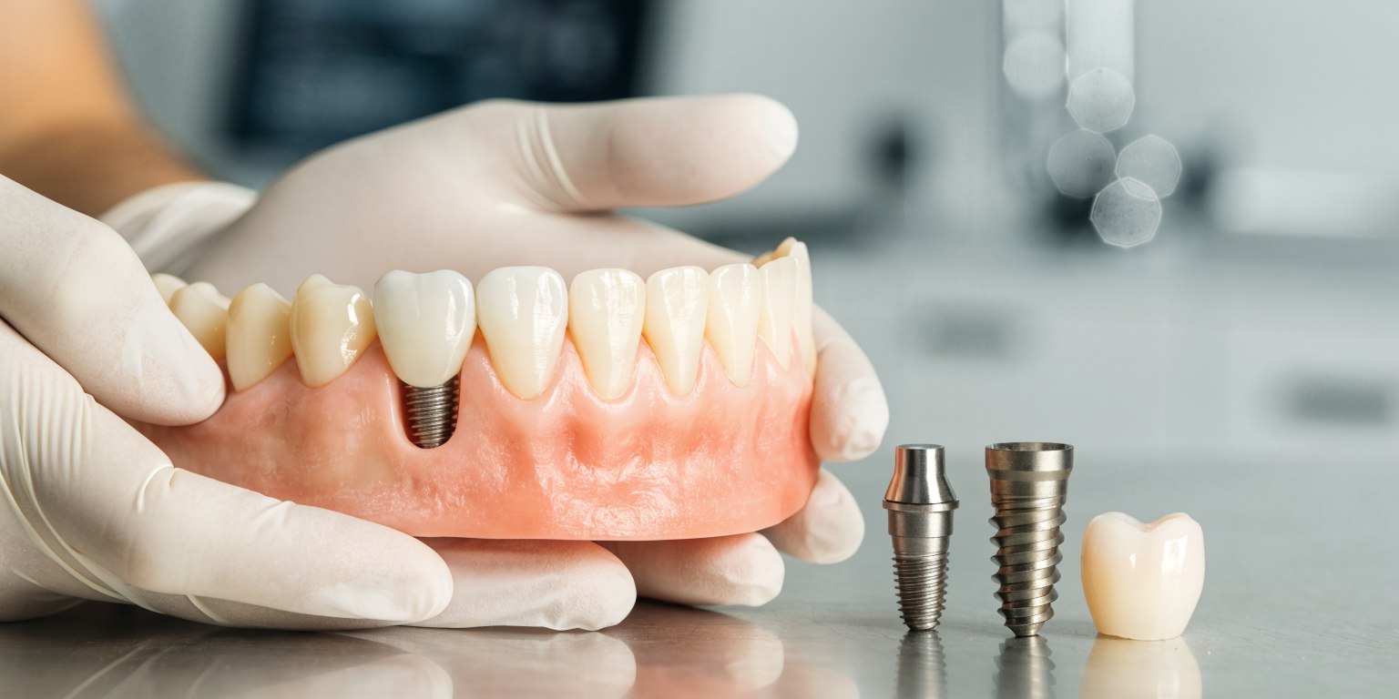Dental professional holding a realistic implant, abutment and crown model beside a missing-tooth model