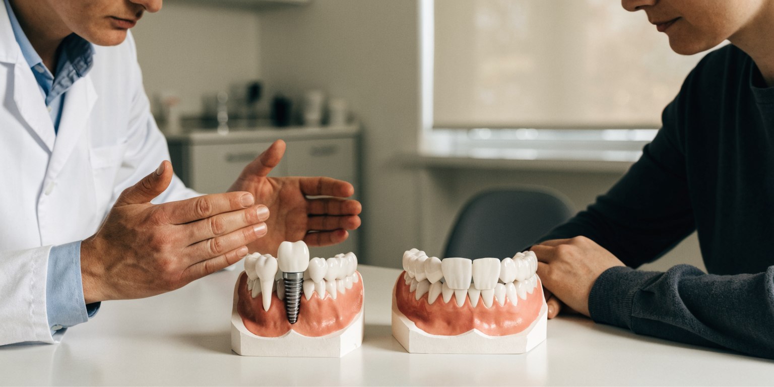 Dentist comparing a single implant restoration with a conventional dental bridge model
