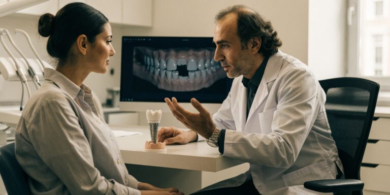 Dentist reviewing a single-tooth implant plan with a patient in a modern dental clinic