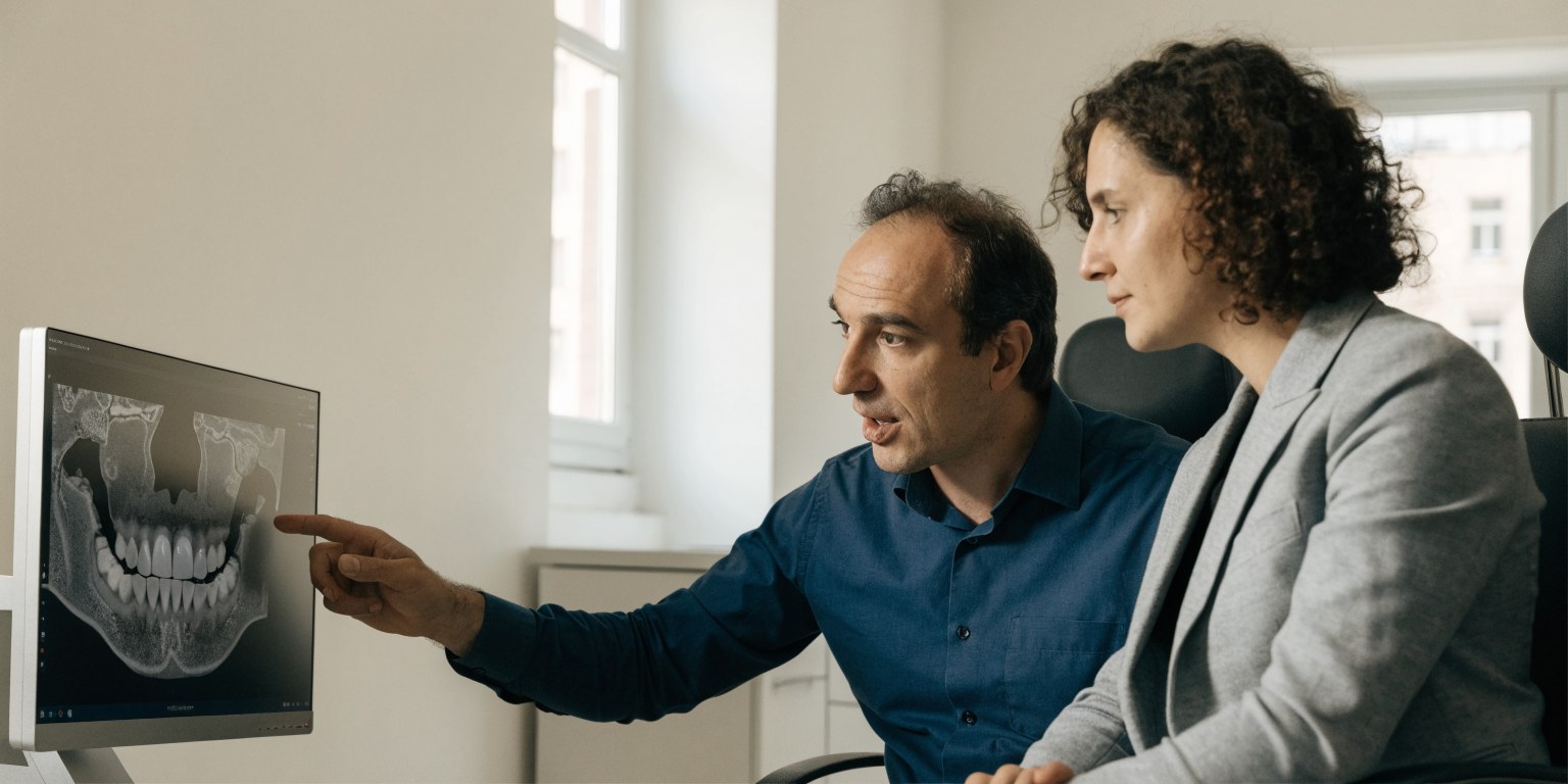 Dentist reviewing a 3D upper-jaw scan while planning a sinus lift for dental implants