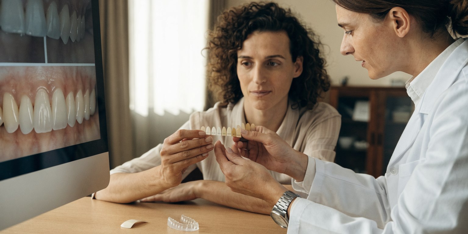 Dentist and international patient comparing whitening and veneer options for discolored teeth in Istanbul