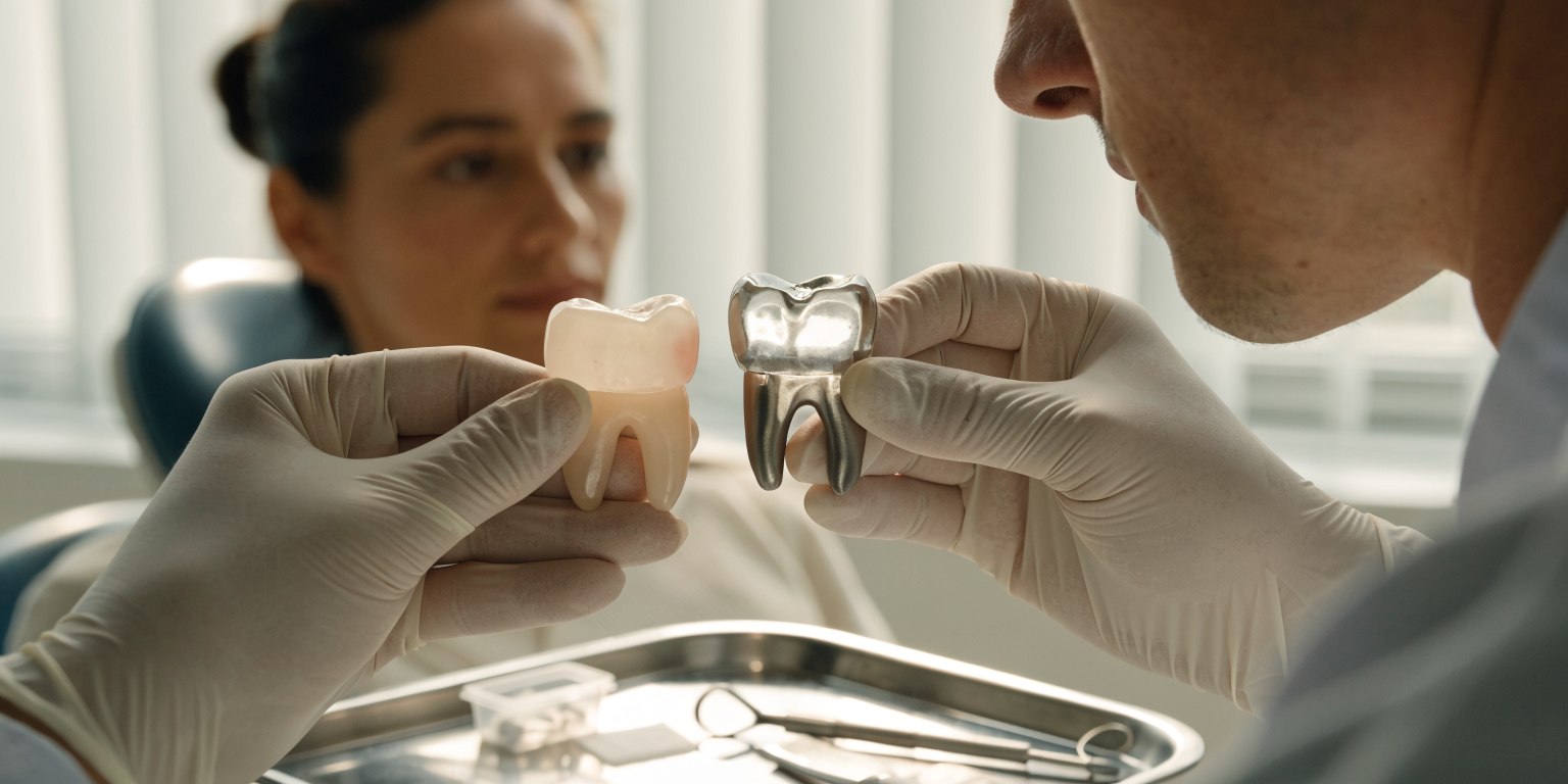 Dentist comparing a temporary tooth and final implant crown during treatment planning