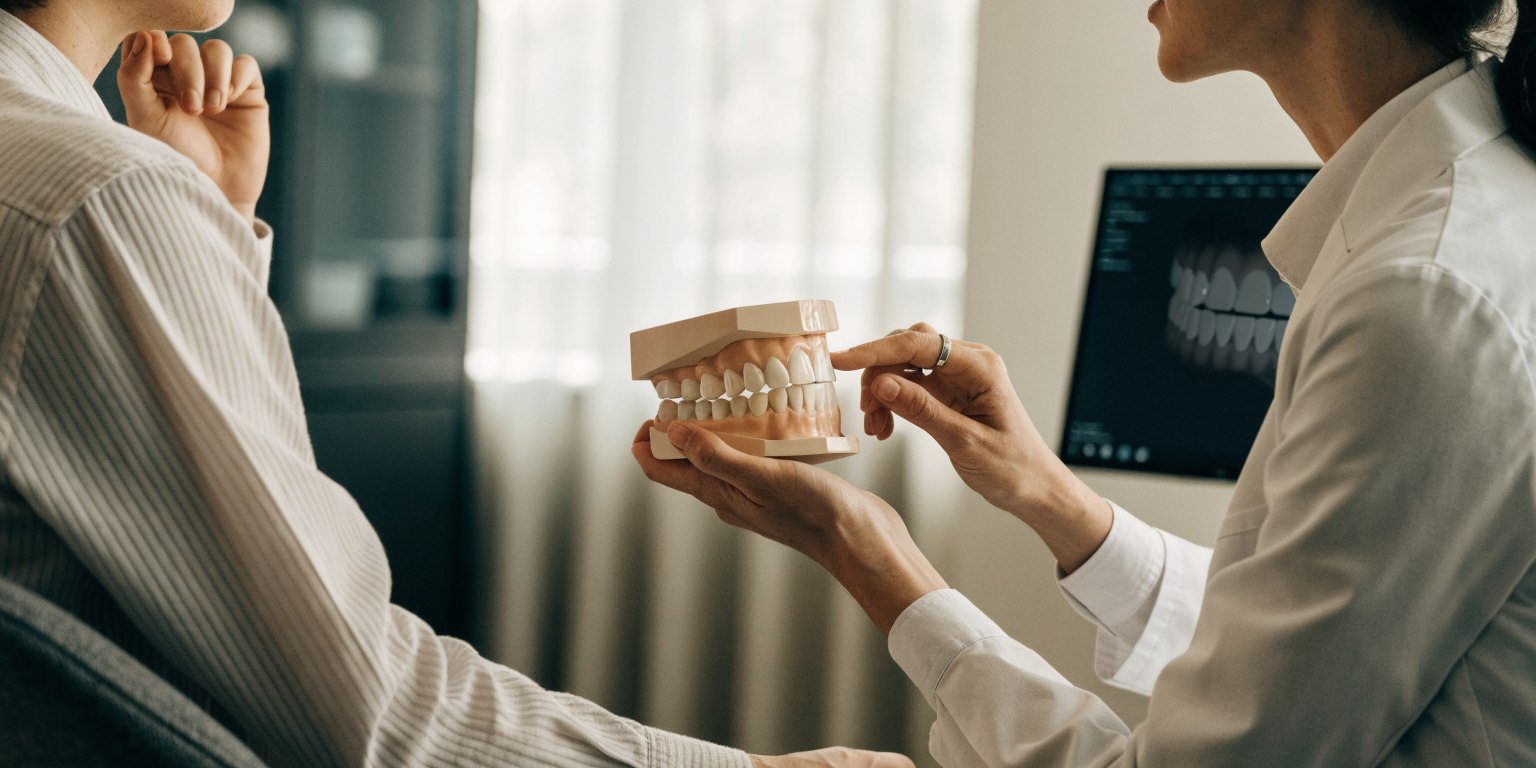 Dentist and international patient reviewing a tooth-by-tooth E-max veneer treatment plan