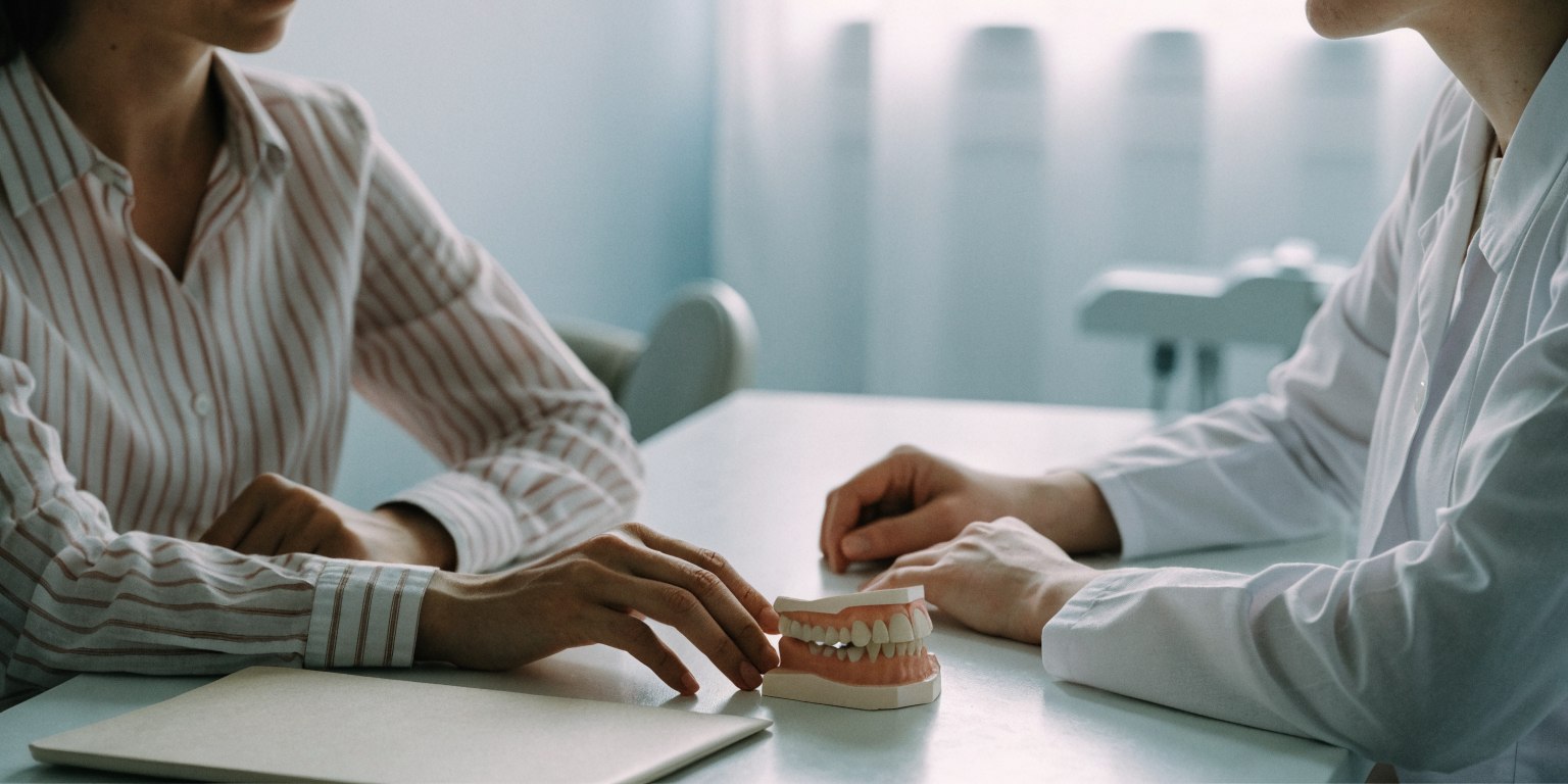 Patient and dentist discussing future veneer maintenance beside a dental model