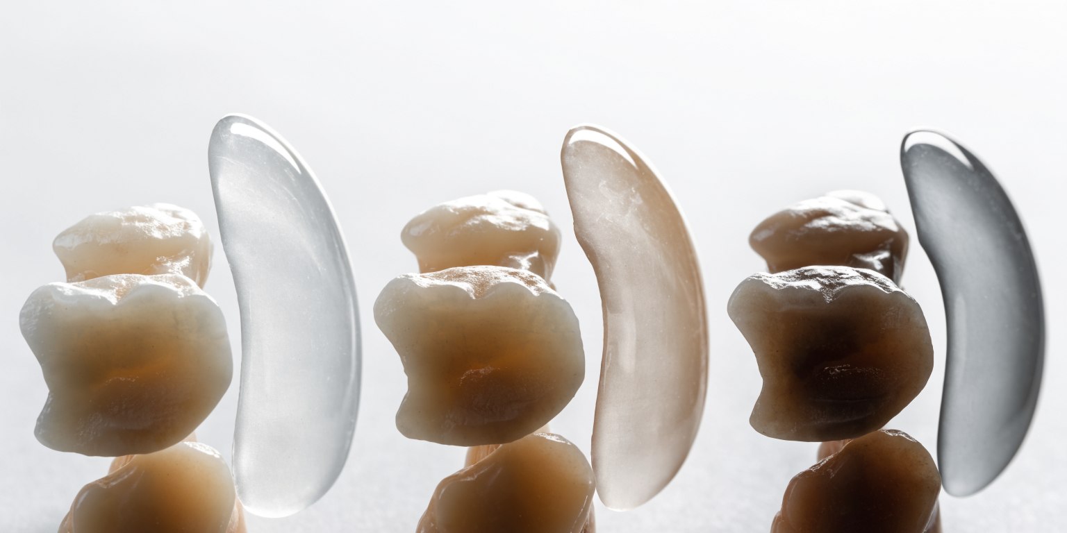 Ceramic veneer samples shown over light and darker tooth-colored substrates to illustrate masking