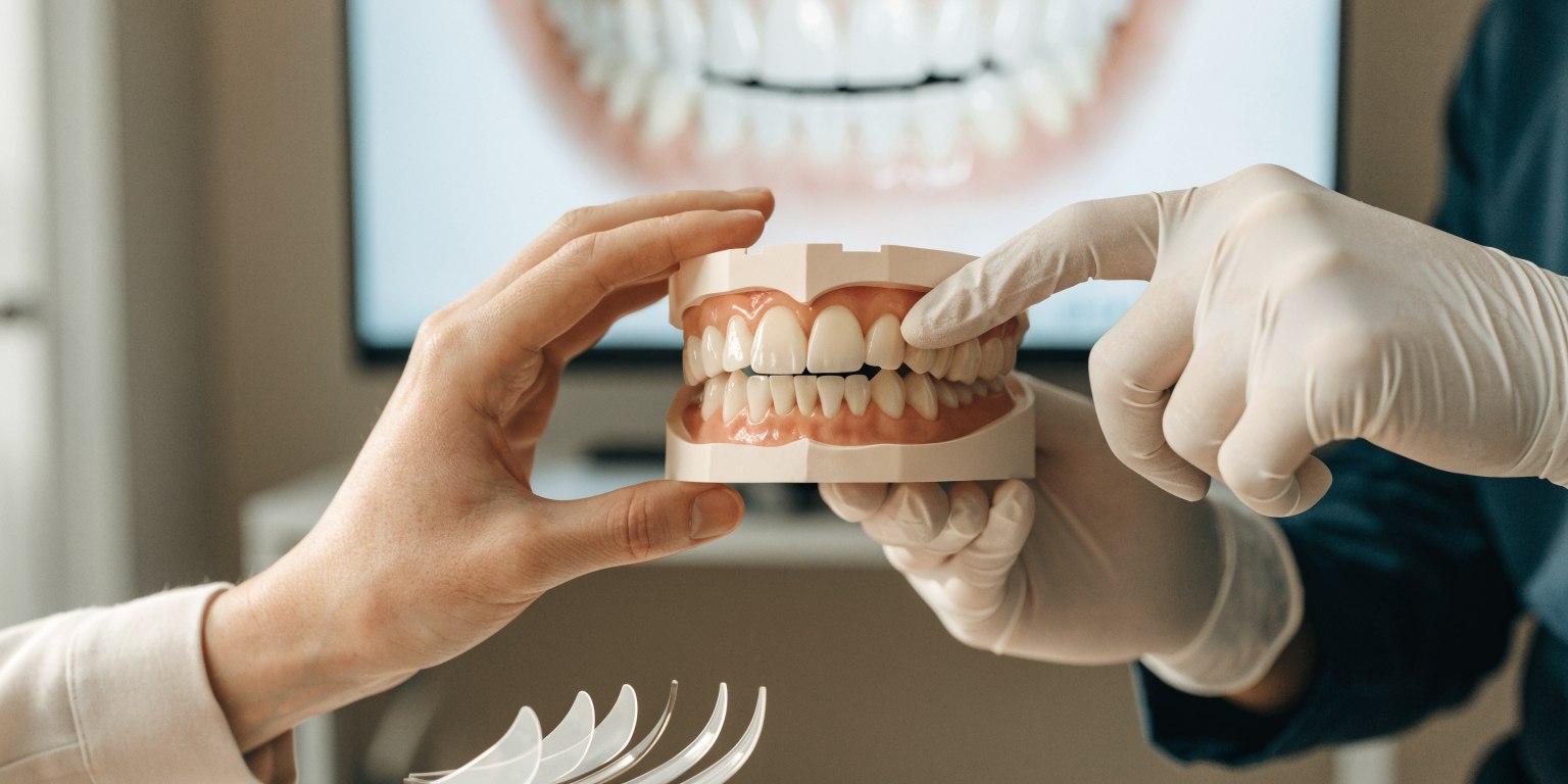 Dentist and patient reviewing a diagnostic mock-up before choosing the width of a veneer treatment plan