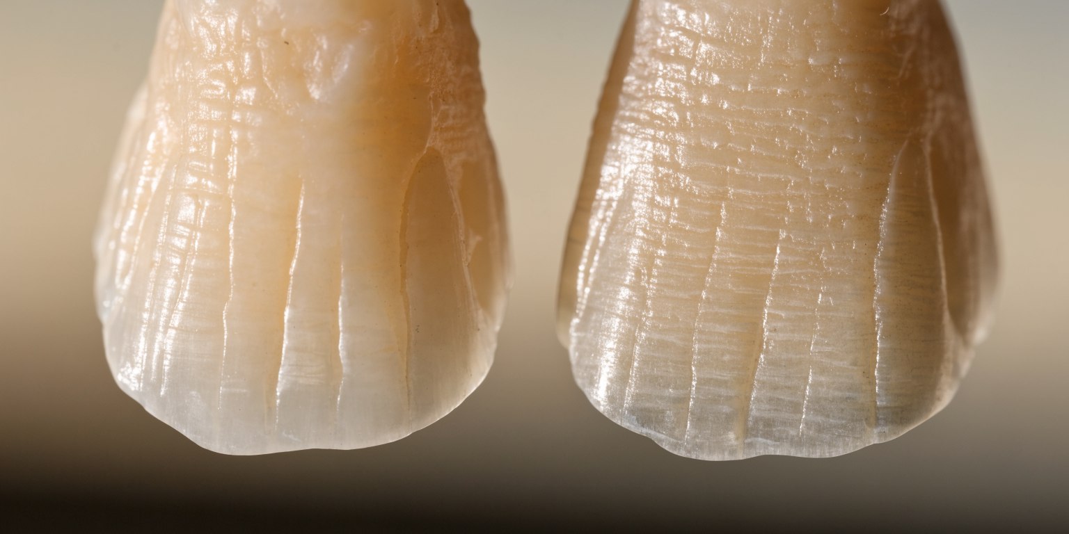 Macro comparison of natural enamel and ceramic veneer surface texture under soft light