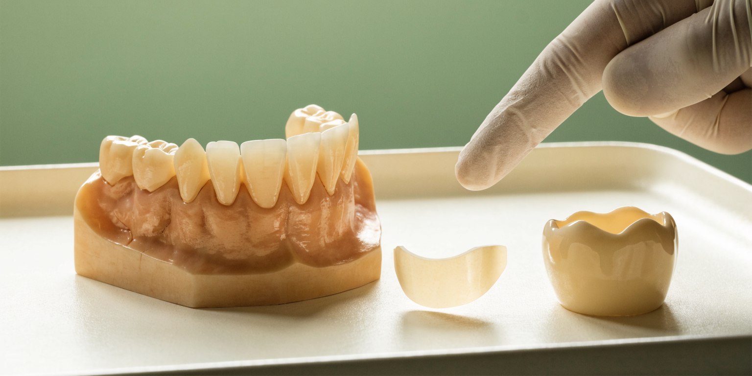 A dental model beside a thin veneer sample and a full-coverage crown sample