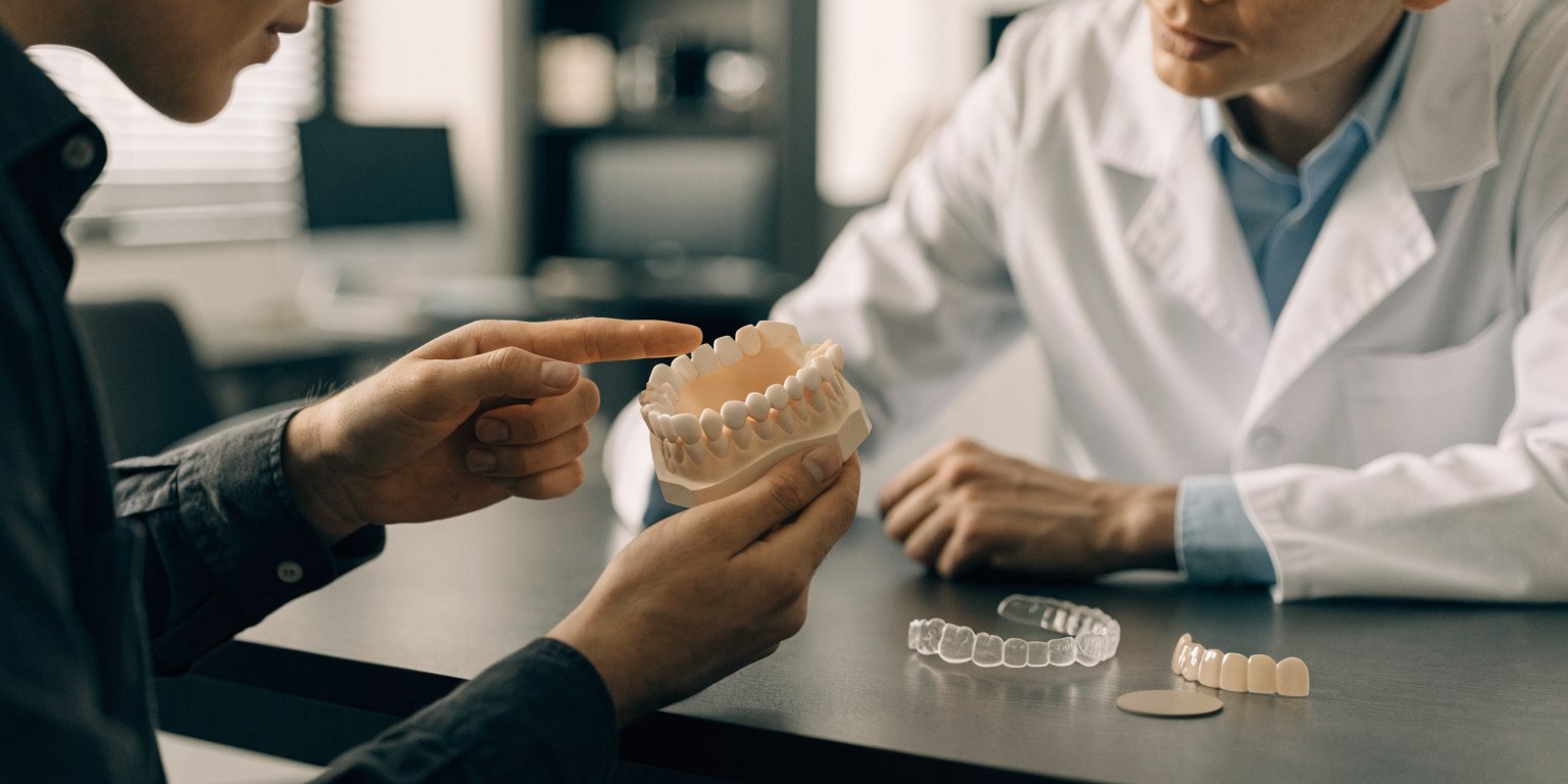 Dentist and patient comparing orthodontic and ceramic veneer options for crooked teeth