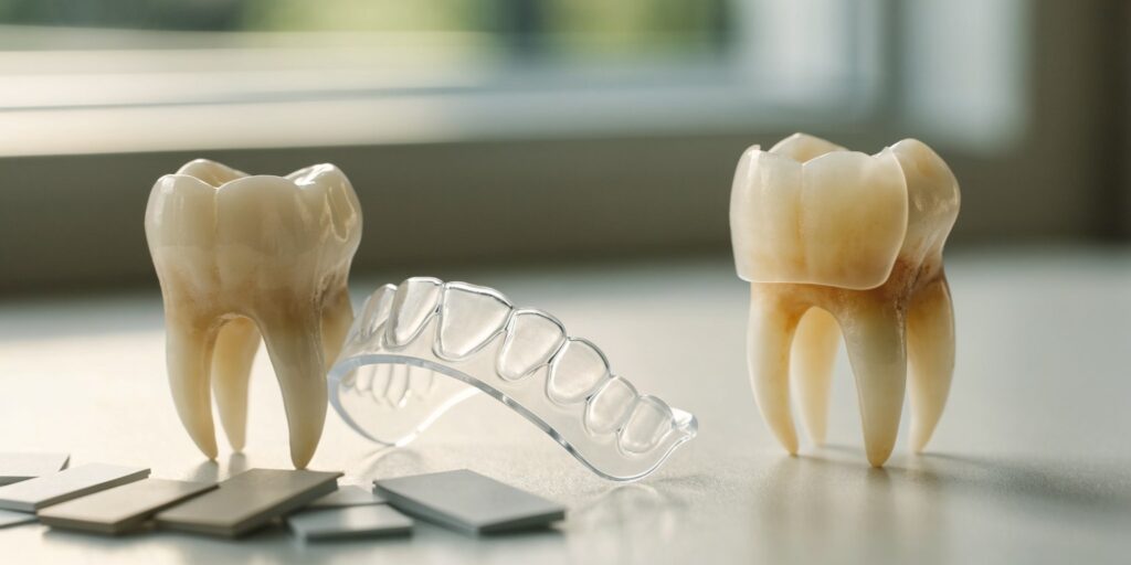 Teeth whitening tray and ceramic veneer concept shown as different options for stained teeth