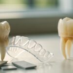 Teeth whitening tray and ceramic veneer concept shown as different options for stained teeth