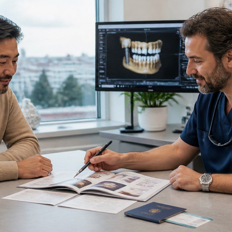 International patient reviewing a dental implant treatment and travel plan in an Istanbul clinic