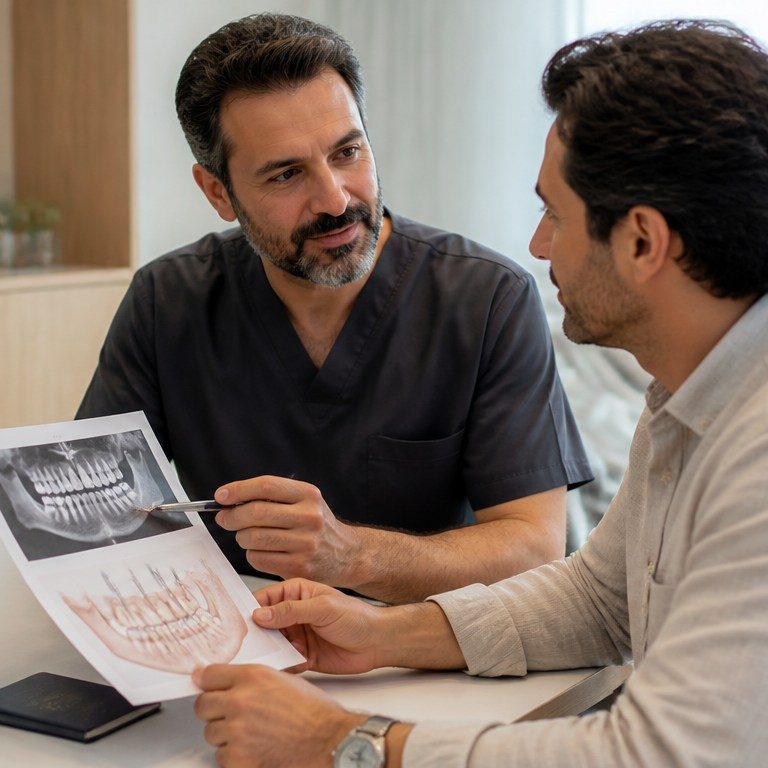 İstanbul’da bir diş hekimiyle iki aşamalı diş implantı tedavi planını gözden geçiren yabancı hasta