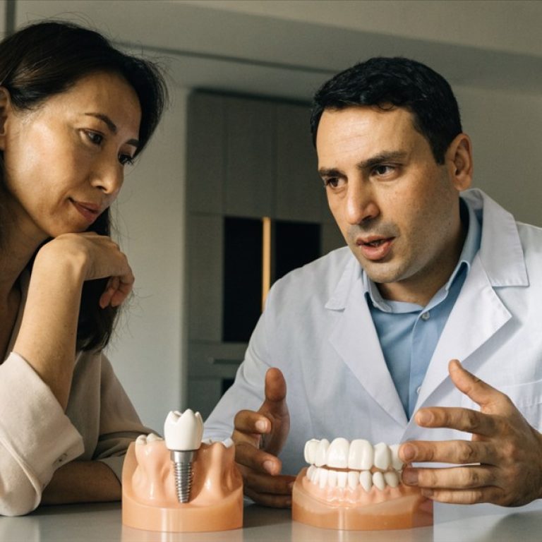 Patient reviewing dental implant and bridge options with a dentist