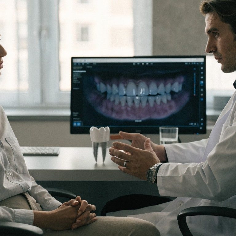 Dentist discussing smoking risks and dental implant healing with an adult patient