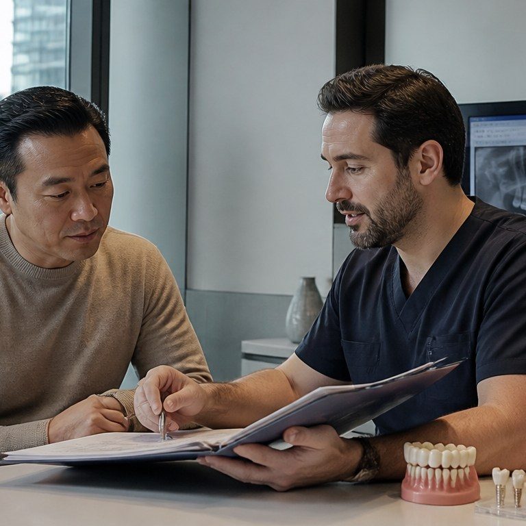 International patient reviewing an itemized dental implant treatment plan with a dentist in Istanbul