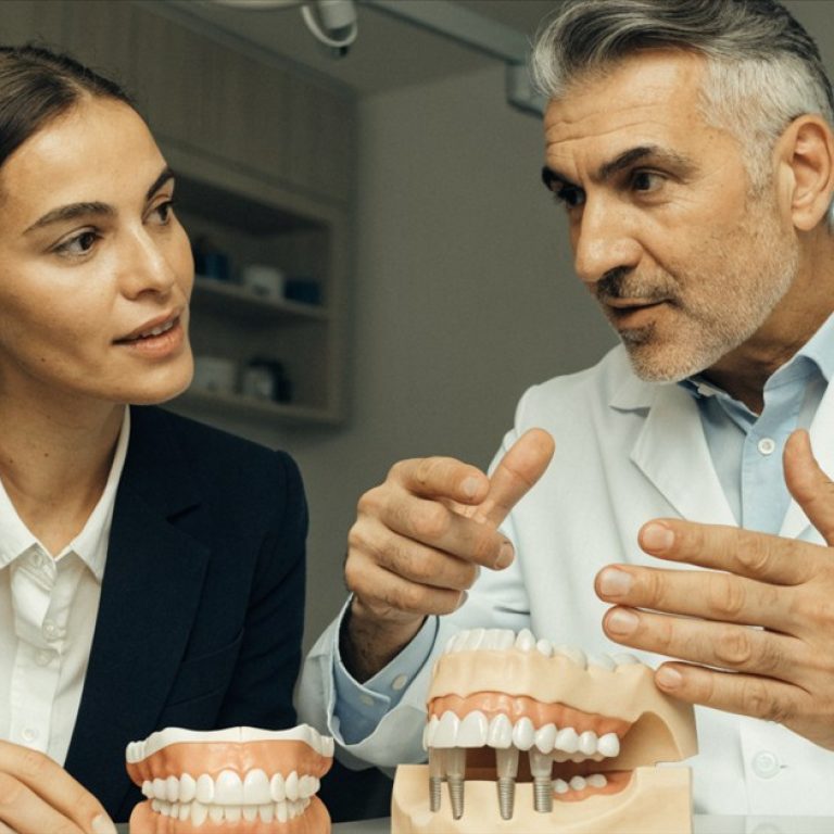 Dentist comparing a removable denture and implant-supported full-arch model with a patient