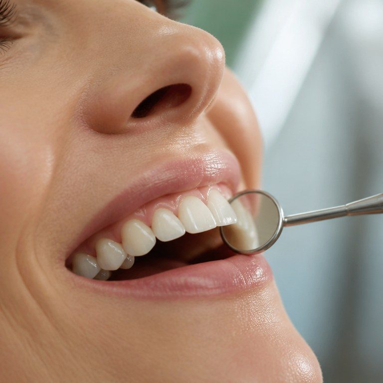Dentist inspecting natural-looking ceramic veneers during a long-term maintenance visit