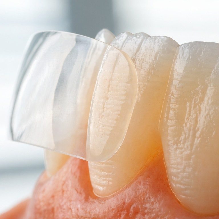 Ultra-thin ceramic veneer beside a natural front tooth illustrating conservative veneer preparation