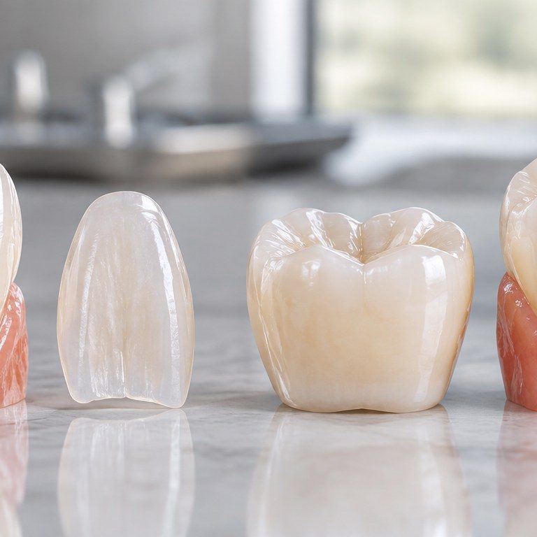 Thin E-max-style veneer and full dental crown shown side by side to compare tooth coverage