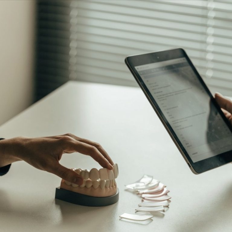 Dentist and patient reviewing a personalized E-max veneer treatment plan and ceramic samples