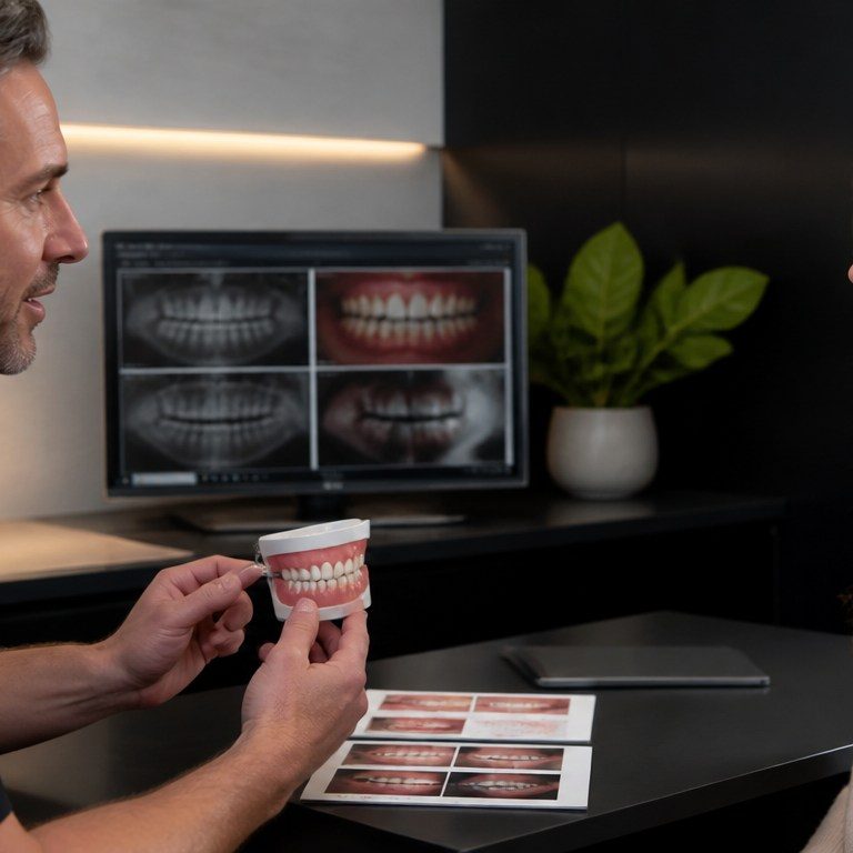 Dentist assessing whether a patient is a good candidate for a Hollywood Smile