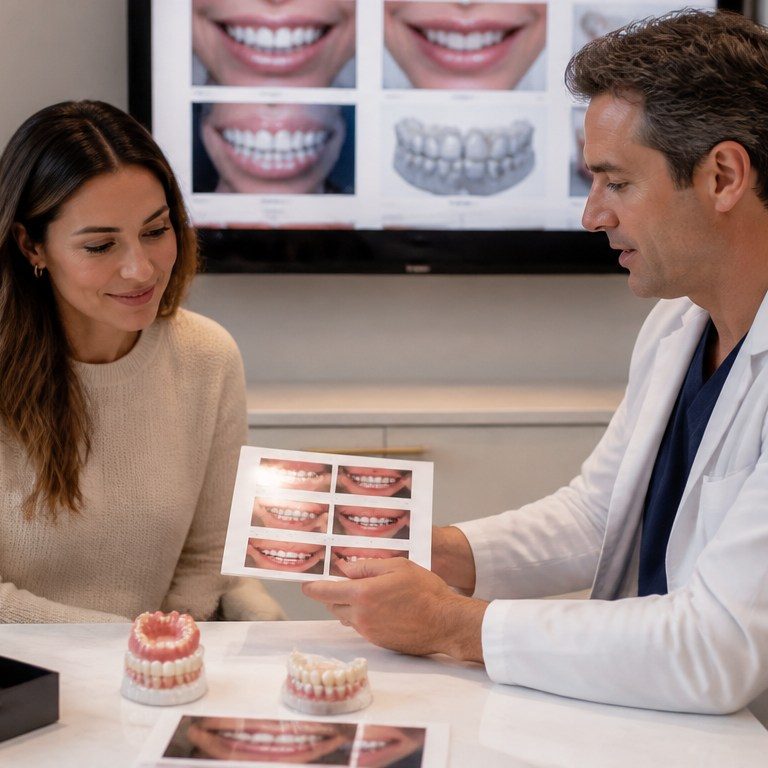 Dentist discussing veneers and orthodontic planning for a Hollywood Smile with mildly crooked teeth