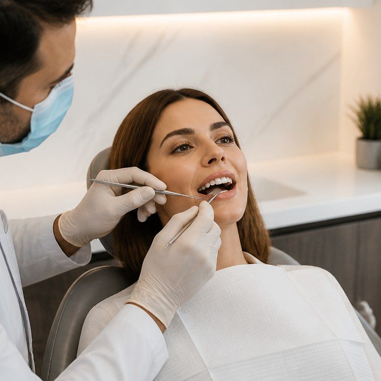 Dentist checking bite and comfort during Hollywood Smile recovery