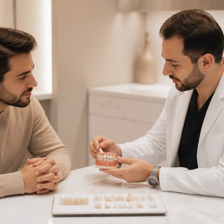 Dentist and patient reviewing personalized Hollywood Smile treatment options and dental restorations