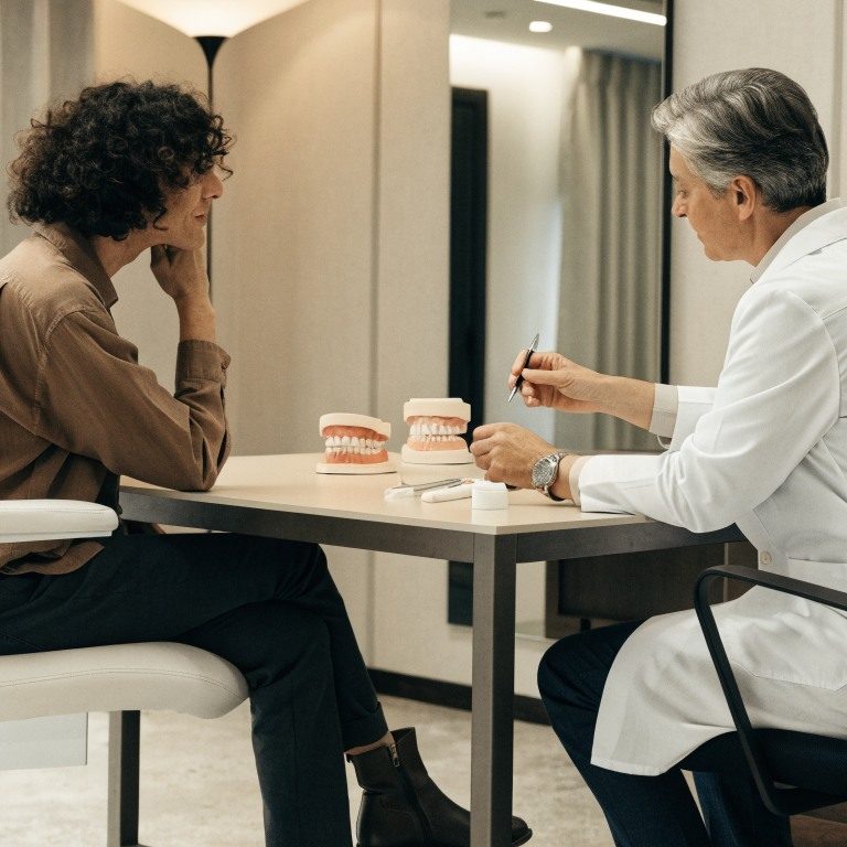 International patient reviewing a personalized Hollywood Smile treatment and travel timeline