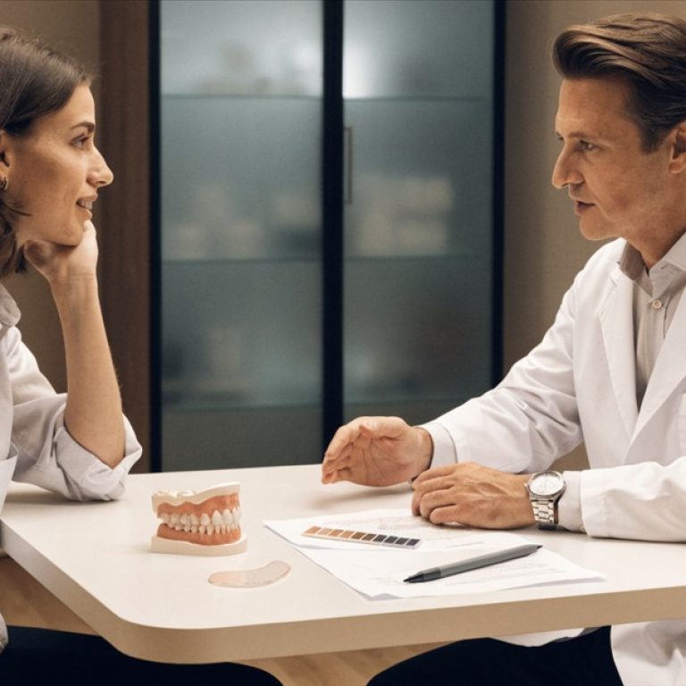 Dentist explaining the difference between a Hollywood Smile plan and dental veneers
