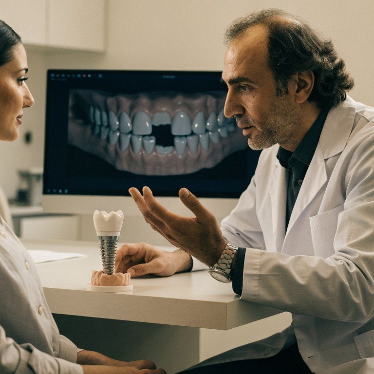 Dentist reviewing a single-tooth implant plan with a patient in a modern dental clinic