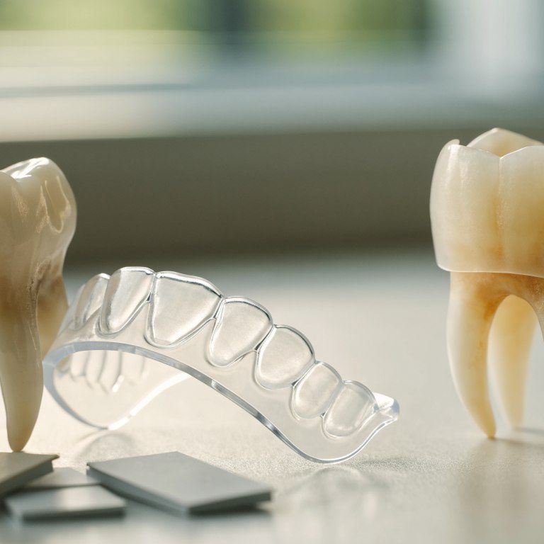 Teeth whitening tray and ceramic veneer concept shown as different options for stained teeth